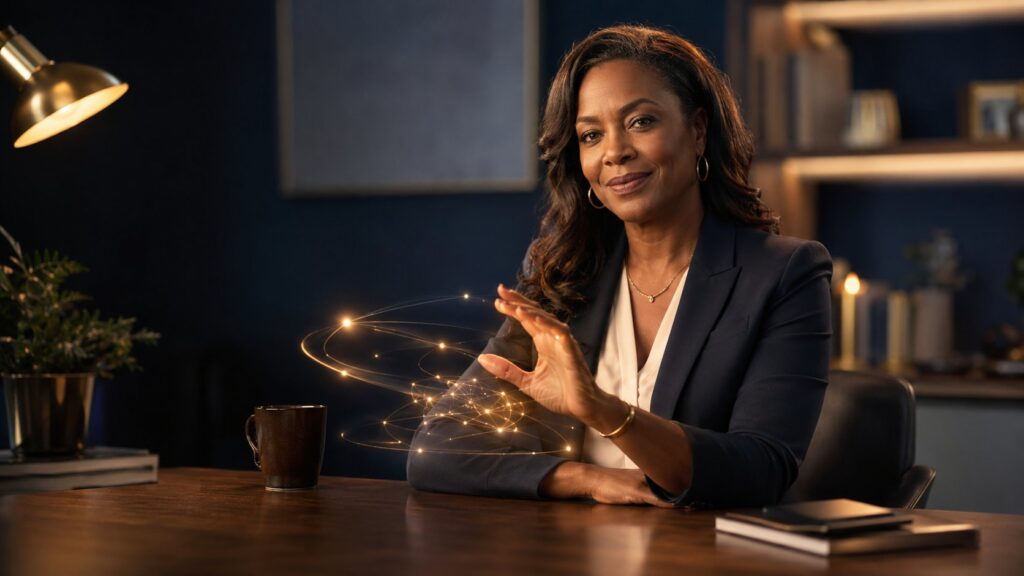 Black woman business owner seated at a desk, guiding glowing AI light with her hand in a warm, modern office.
