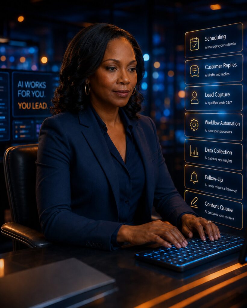 Black woman business owner working at a computer with AI automation panels for scheduling, customer replies, lead capture, workflows, data collection, follow-up, and content.