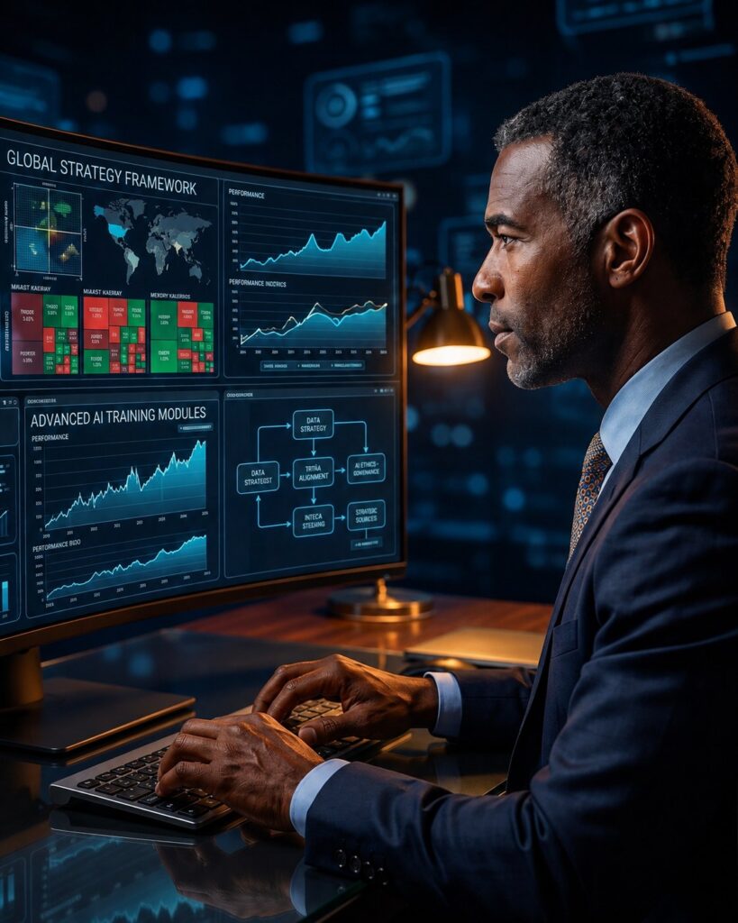 Black business professional reviewing AI strategy, performance analytics, optimization data, and training modules on a large digital monitor.