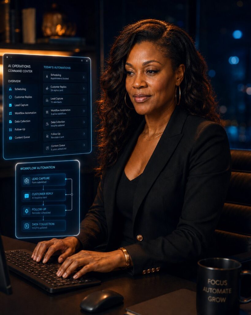 Confident Black woman business owner using a computer beside AI workflow dashboards for scheduling, customer replies, lead capture, and automation.